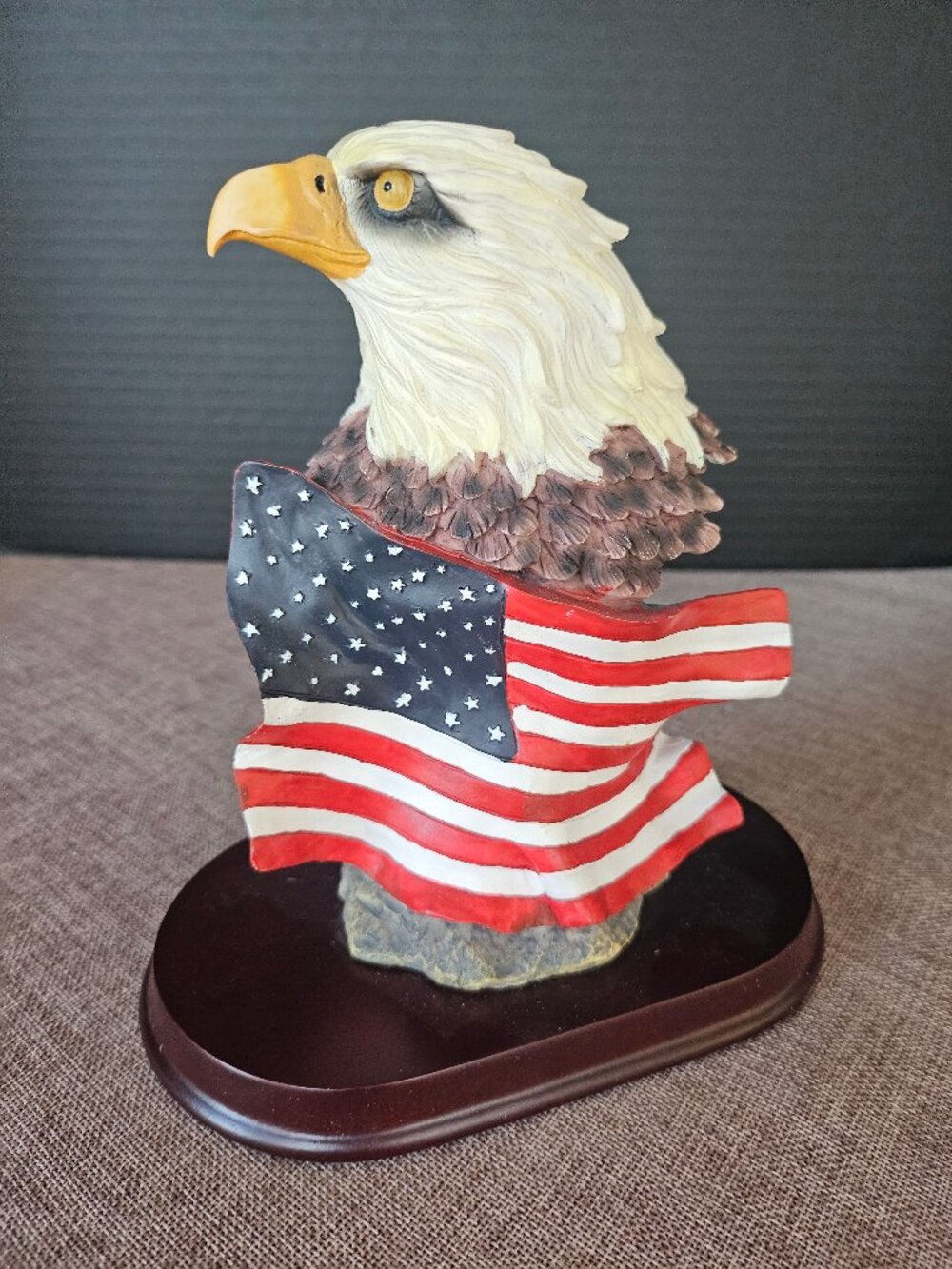 Bald Eagle Bust Statue Wrapped In American Flag On Faux Wood Accent Base